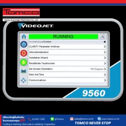หน้าจอสัมผัส CLARiTY ของเครื่องติดฉลาก Videojet 9560 PL แสดงสถานะ RUNNING และเมนูตั้งค่า